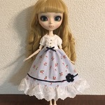 プーリップサイズ パフスリーブワンピース 小花&ストライプ ネイビー