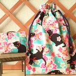 御朱印帳入れ巾着&小銭入れ(桜・市松にゃんこ＊ミントブルー)