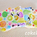 ୨୧  ふんわりやわらかな８重ガーゼハンカチ フルーツ＆黒猫ちゃん♪４枚セット（無添加ガーゼ使用） ୨୧