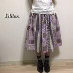 【再販】パッチワーク風 パープルギャザースカート