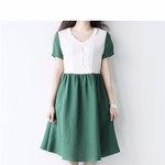 ★夏SALE★小衿配色後ろ紐結びポケット付き半袖ワンピース♪