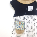 【受注製作】natural×小花柄ブルー 麻かご キッズポシェット