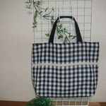 青系先染めチェック＊裏地黒無地　シンプルミニバッグ　b26