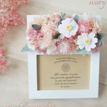 ジニアのお花　ウォッシュセージ×ピンク　フォトフレーム　プリザーブドフラワー　ウェディング　結婚祝い　両親贈呈　新築祝い　誕生日　プレゼント　ラッピング