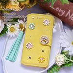 【iPhone】幸福の蜂モチーフDAISYフラワーガーデン手帳型ケース☆ロングタッセルストラップ付き☆グリーンイエロー