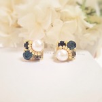 Navy Square＊コットンパールとビジューのスクエアピアス