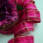 ピンク×ゴールドチェックリボン　40㎜幅　ワイヤー入りドイツリボン