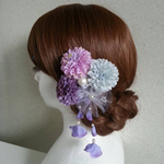 再販×6🌟浴衣・着物・袴など和装時に💜 フラワーヘアアクセ 6点セット　マム・チュール花・コットンパール・揺れるパープル紫陽花の花びら 【パープル系2】