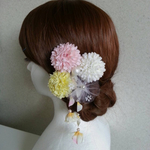 浴衣・着物・袴など和装時に🌼🌸 フラワーヘアアクセ 6点セット　マム・チュール花・コットンパール・揺れる黄色紫陽花の花びら 【無邪気で愛くるしい黄ピンク白】