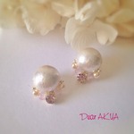 Pink Amethyst＊大粒コットンパールとふちどりビジューの樹脂イヤリング