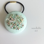 leather＊turquoiseblue 刺繍ヘアゴム