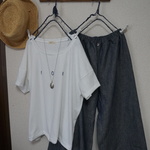 sale:2点セット:ソフトデニム:インディゴブルーシンプルワイドパンツ＆ロゴＴシャツ
