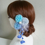 再販×2🌟 浴衣・着物・袴など和装時に💎 フラワーヘアアクセ 6点セット　マム・チュール花・コットンパール・揺れるシンデレラブルー紫陽花の花びら 【フェアリーゴッドマザーの魔法💎】