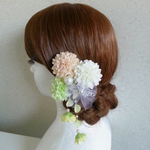 再販🌟浴衣・着物・袴など和装時に🕊🍊🍀 フラワーヘアアクセ 6点セット　マム・チュール花・コットンパール・揺れる黄緑紫陽花の花びら 【ナチュラルドリームホワイト】