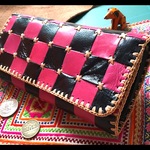 ピンク✖️ブラック。レザーウォレットバッグ 市松模様  革職人の手作り財布屋 本革手縫い チェック柄 長財布 ポーチ