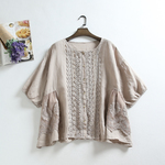 f72411 刺繍とレースたっぷり　5分袖　綿麻　シャツ　トップス　