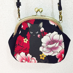 【再販3回目】百花繚乱和柄猫のがま口ショルダーバッグ*黒*0804