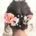 マーブルピンクダリアとホワイトピンク紫陽花のヘアアクセサリーセット☆髪飾り 花飾り　袴　振袖　結婚式　ウェディングドレス　カラードレス　ヘアアレンジ
