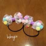 ドット柄 チュール カラフルポンポンヘアゴム