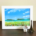 油絵原画『花畑』　額縁付き