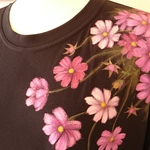 ゆったりしっとり   「秋桜」コスモス手描き七分袖Tシャツ