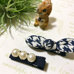 《送料無料》ネイビー＊千鳥柄リボン&パールのベビーヘアクリップ