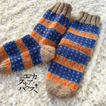 レトロ丸花とドットの靴下＜ブルー×オレンジ＞