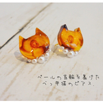 パールの首輪を着けたべっ甲猫のピアス