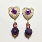 purpleかすみ草のドライフラワー入ぷっくりハート型大ぶりレジンアクセサリー