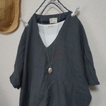 sale:2点お買い上げで送料無料:ゆったりリネン100％グレーＶネックドルマン袖ブラウス