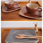 [オーダー品] 水玉模様のパスタプレート（ブラック）×2/水玉模様の珈琲カップ&ソーサー（ブラウン）×2