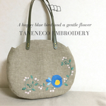  刺繍が可愛いバルーンバッグ(幸せの青い鳥と優しい花)
