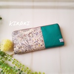 *candy224さまご予約品　本革ラウンドファスナー長財布　グリーン本革×リバティビニコ　アデラジャ
