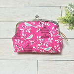 受注製作【再販6】小鳥のがまぐち綿麻ポーチpink