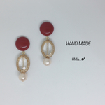 アンティーク＊ボルドーカボションとパールピアス