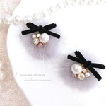 洗練グレー♡レディで可愛い♡ベロアリボンのファーピアス・イヤリング