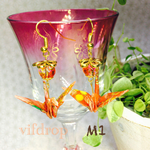 M1【赤・花柄】秋の実&折り鶴の和ピアス  