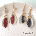 レザーリーフ重ね ピアス/イヤリング レッド