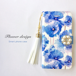 再販3♡【iPhone/Android】花柄 ブルー タッセル&パールビジューつき スマホケース 手帳型