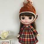 ドール服 Blythe チェック長袖ワンピース&ニット帽(オレンジ)