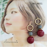 No.A031 お洒落リング ▸︎▹︎ ボーダー ×ワイン色 ピアス