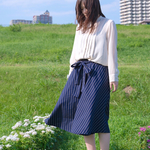 ストライプのリボンフレアパンツ＊ネイビー