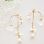 クリスタルお花とパール♡　ゆれるフープピアス/樹脂ノンホールピアス（イヤリング）