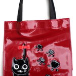 足跡猫 レッド トートバッグ 小さめ レディース お弁当 手提げバッグ サブバッグ ミニトートバッグ ビニールコーティング 小物 猫柄 猫雑貨 猫グッズ ねこ ネコ 好き プレゼント