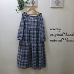 natural*(L)紺チェック３段ティアードワンピース