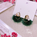 秋色♡2way グリーンコットンパールとファーのピアス