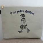 通学のフランスの女の子刺繍の帆布のポーチ　ネイビー