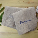 bonjour刺繍の平織リネンタオル -ブルー-