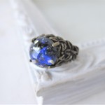 vintage 濃紺×金 青いシラーの指輪 葉の台座 ヴィンテージ