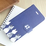 猫柄 手帳型iphoneケース 草花模様のダブルねこ ネイビー